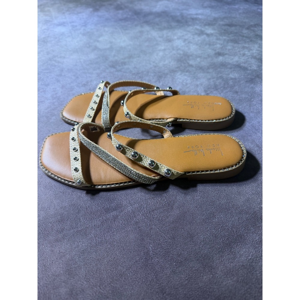 Nicole Miller New York Womens Studded Rhinestone Strappy Flat Sandals TanSilver9
